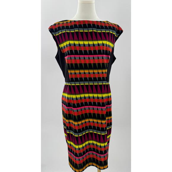 London Times Black Multi Geometric Sleeveless Dress Knee Length Sheath 14 - Picture 1 of 10